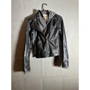 Hollister Jacket Womens Small Faux Leather Moto Hooded Biker Detachable Hood